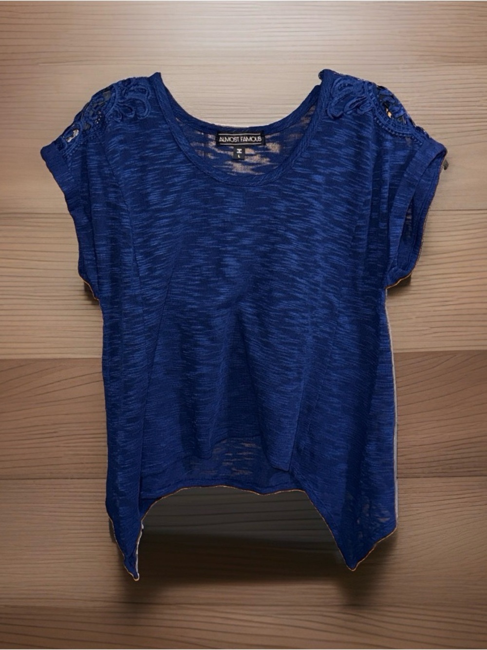 Almost Famous Women’s Blue Slub Knit Lace-Shoulder Sheer Sweater Blouse-L-GC